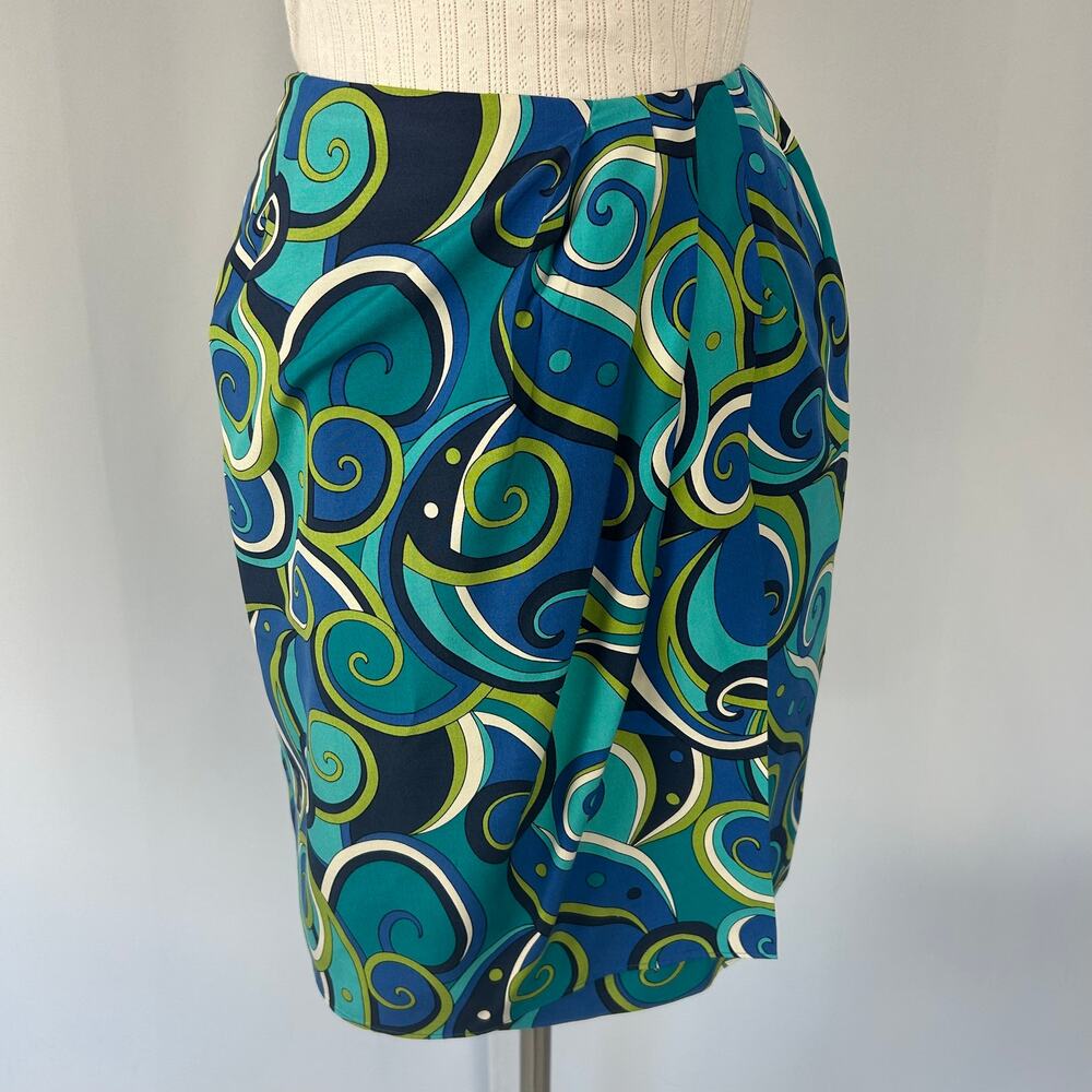 Silk Pencil Skirt Size 4 Blue Green Psychedelic Swirly Faux Wrap Y2K Retro